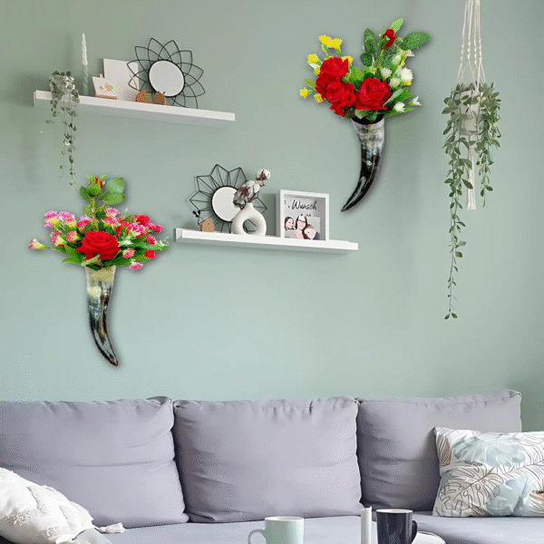 Decorative Horn Wall Vase Natural Marbled Finish, Set of 2, Indoor Decorative Wall Hanging, 30 cm