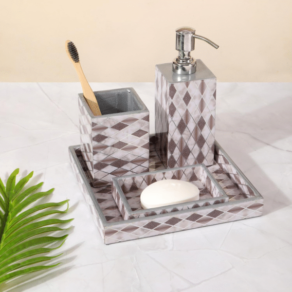 The Home CO. MDF Wood Bathroom Accessories Set of 4, Modern Bath Set with Soap Dispenser | Tumbler | Towel Tray | Soap Dish Holder | Pack of 4 Bathroom Essential Set (Barfi)