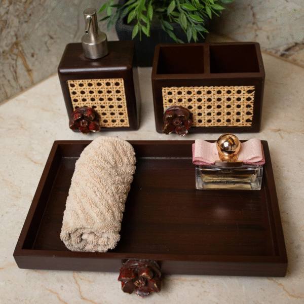 Black Inlay Mirror Wooden Bathroom Accessories Set | Liquid Soap Dispenser & Toothbrush Holder Set with Tray | Gift Accessory for Home (Brown Rattan, Set of 3 Pices)