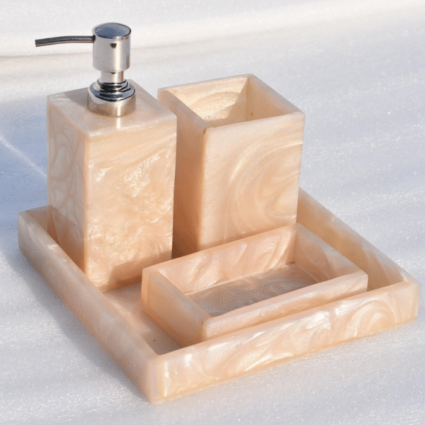 Delux Resin Bathroom Accessories Set of 4, Modern Bath Set with Tray, Liquid Soap Dispenser, Tooth Brush Holder & Soap Tray Luxury Gift Accessory Set with Stone Texture (Cream White)