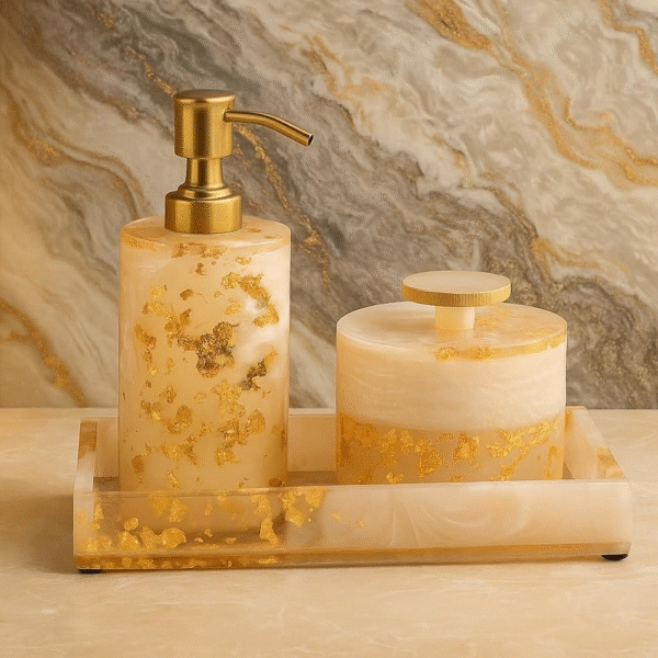 Resin Gold Foil Bathroom Accessory Set, 3-Piece with Dispenser, Storage Jar and Tray, 23 x 12 x 20 cm