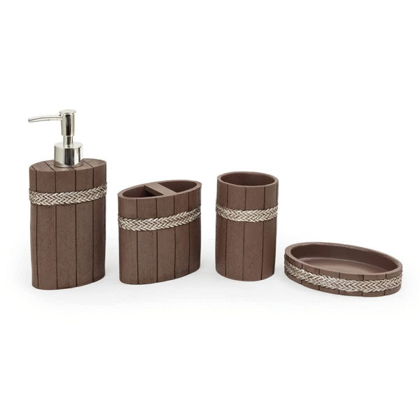 EZ Life Seramica Luxury Resin Woodware Bathroom Set - Dark Wood & Jute Band - Bathroom Accessory Sets, Natural, Soap Dispenser, Tumbler Glass, Toothbrush Holder, Soap Tray for Hotel, Home, Office