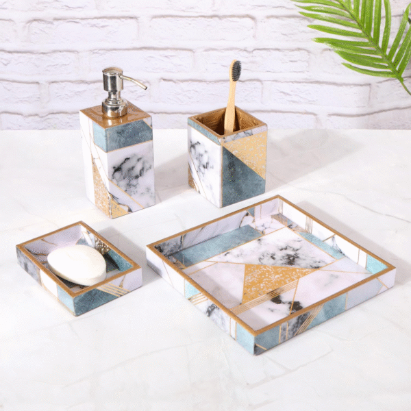 The Home CO. MDF Wood Bathroom Accessories Set of 4, Modern Bath Set with Soap Dispenser | Tumbler | Towel Tray | Soap Dish Holder | Pack of 4 Bathroom Essential Set (New Onyx)