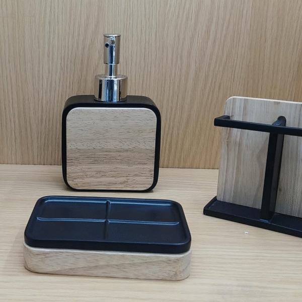Wood 4 Pcs Bathroom Accessories Set | Bathroom Set | Rust Proof | Soap Dispenser | Brush Holder | Tumbler | Soap Dish Holder | Pack of 4 Bathroom Accessories Set (Wood Bathroom Set- Black)