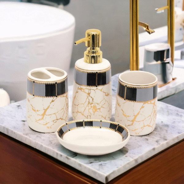 Whizzo® Italian Marble Design Bathroom Accessories Set Ceramic - 4 Pieces Bathroom Accessories Set Soap Dispenser, Toothbrush Holder, Tumbler, Soap Dish, The Best Gifting Choice (WZ-BS-796-White)