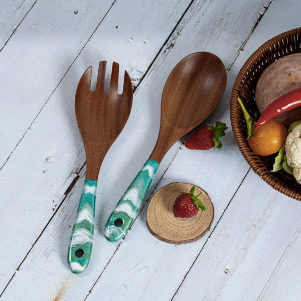 Wood & Teal Resin Serving Spoons: Handmade Kitchen Utensils - Set of 2