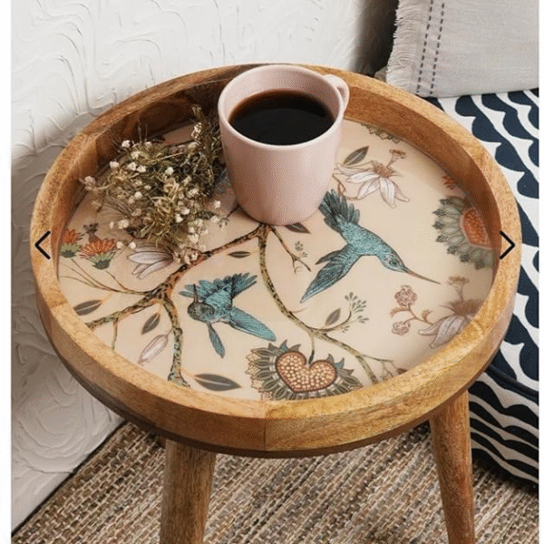 Handmade Resin Wood Side Table – Round Wooden Accent Stool for Living Room, Bedroom, Dining & Hotel – Decorative Modern Wood & Resin Table