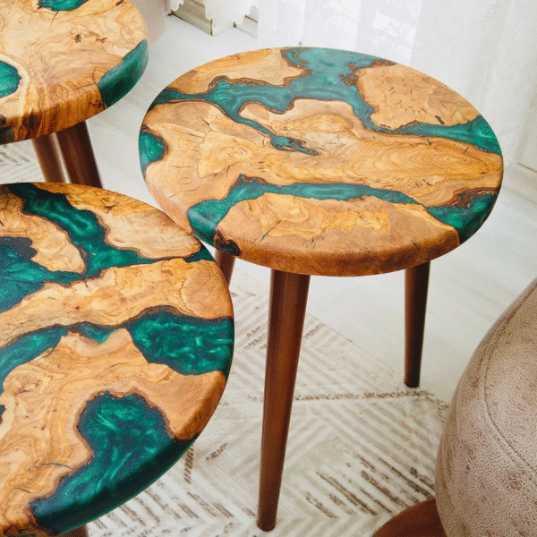 Handmade Olive Wood Epoxy Coffee Table: Live Edge Side Table