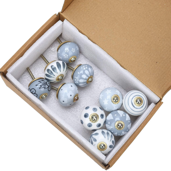 Door Knobs and Pulls - Vintage Assorted Blue Pottery Ceramic Drawer Handle for Kitchen Cabinets Home Interior Decor Hardware - Grey - Pack of 6 Knobs