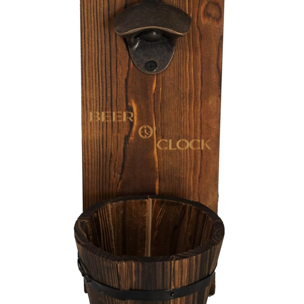 Rustic Wall Mounted Bottle Opener and Catcher - Dark Stain Pine with Zinc Alloy Opener - Removable Wooden Bucket - Man (or Woman) Cave Ready