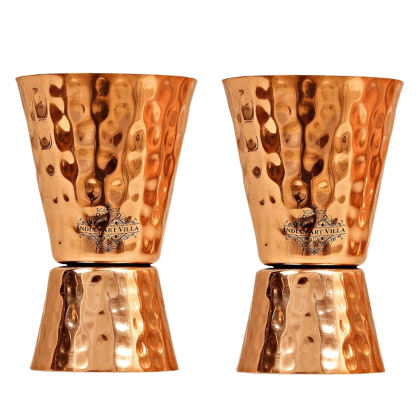 INDIAN ART VILLA Hammered Copper Jigger Shot Glass Cup, Wine Beer Bar Restaurant Hotel Home Party, 2 Pieces