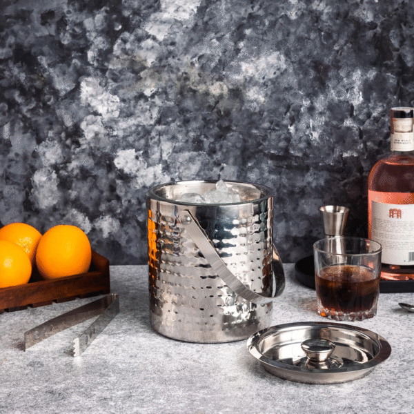 Stainless Steel Ice Bucket with Lid & Tong | Double-Walled Ice Cube Storage Box | Steel Bucket for Kitchen & Bar | Ice Container for Drinks | 1.7L Hammered Design (Silver)