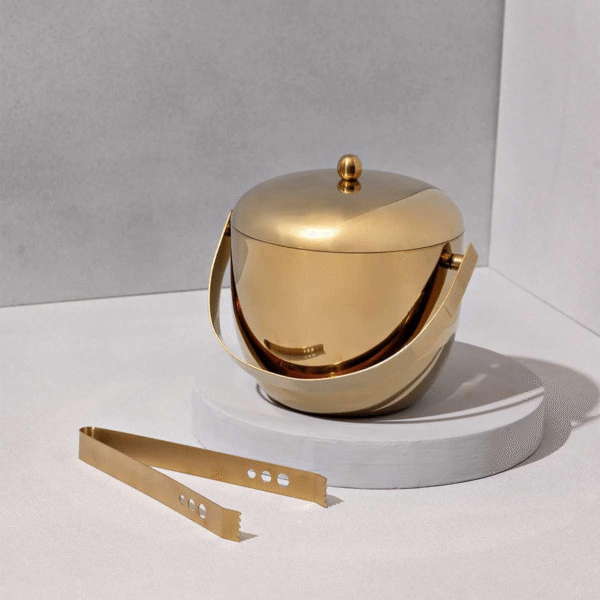 Stainless Steel Ice Bucket | Set of 1 | Double Wall Insulated Ice Holder with Lid & Tong | Keeps Ice Cold for 6 Hr | Bar Tool for Home Bar Accessories, Party | Gold Finish