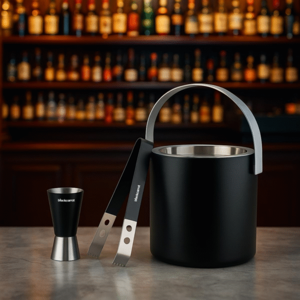 BlackCarrot Double Walled 304 Grade Stainless Steel Insulated Ice Bucket(1.5 Litre) | Ice Tong and Peg Measure, Keeps Ice Cold for 6 hrs, Bar Tools for Home, Mini Bar, Gifts for Men