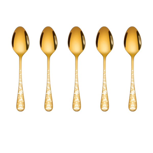 5-Piece Aurum Gold Dessert Spoon Set | Satin Finish Stainless Steel Ice Cream & Dessert Spoons with Christmas-Themed Handle | Elegant Flatware for Home, Restaurant & Holiday Gifting
