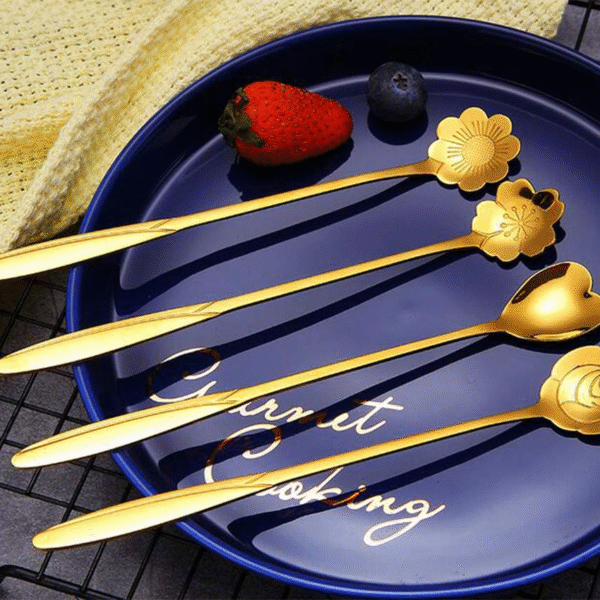 HomeCloud Golden Spoon Set/Coffee Spoon/Dessert Spoons/Cutlery Kitchen Tableware/Stainless Steel Gold Different Shape Coffee Spoons, Set of 4 Pcs,24 Centimeter (Gold)