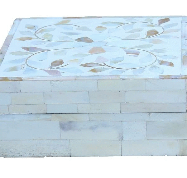 Anticia Handicrafts Wooden Mother Of Pearl Jewelry Box or Vinatage Storage Chest Bone Inlay Work Keepsake Organizer (7X7X3 Inch, White)