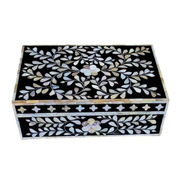 Mother of Pearl Inlay Decorative Box White Floral, Black MOP Box, Beautiful, Handmade and Luxurious Mother of Pearl Inlay Wooden Jewellery Box