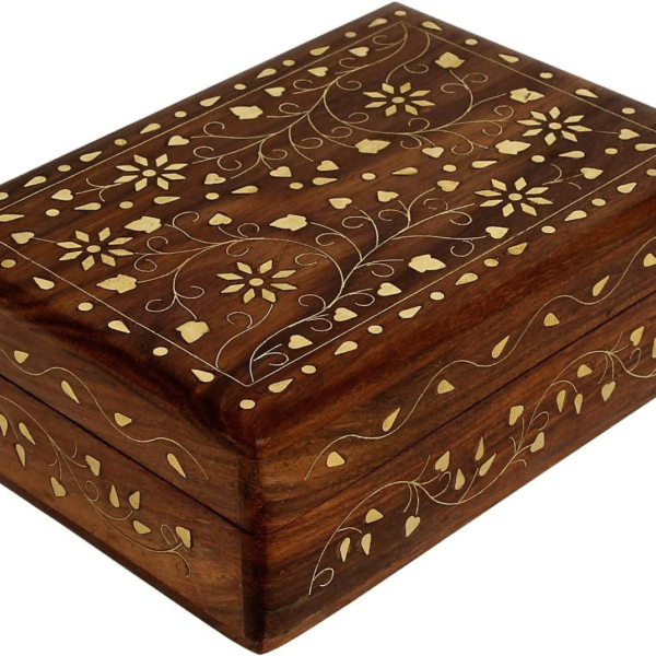 GURU JEE Wooden Hand Carved Decorative Vintage Trinket Jewellery Box Brass Inlay Floral Design