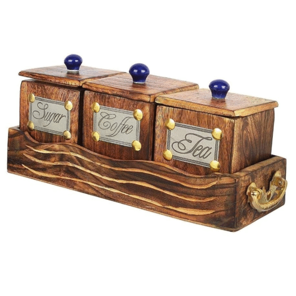 Wooden Storage Container Set One Set with 3 Jars with Lids,One Tray,(Brown) 3 Container with Lid, Stand for Coffee, Tea, Sugar Material -Wooden Boxes for Kitchen(Brown) Mango Wood
