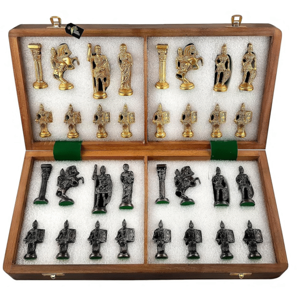 Kid Antique Folding Wooden Chess Board With Brass Chess Roman Figures Set, 2 Players - Best For Gifting, Home Decor And Playing ( Black & Yellow ) Size 16"×16" Inch.