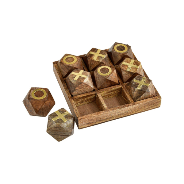 Luxury Wooden Tic Tac Toe Game Set – Handcrafted Mango Wood with Golden Inlay – Decorative Classic Board Game for Adults & Kids – Coffee Table Decor & Gift Item