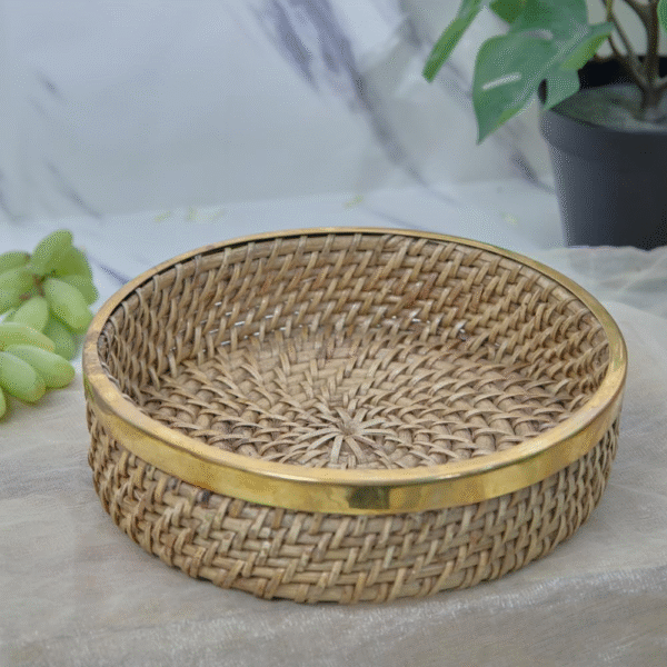 Handwoven Rattan Tray Without Handles | Multipurpose Cane Tray for Serving & Décor | Rustic Boho Tray for Coffee Table, Dining Table, Kitchen & Home Organizing (Round)