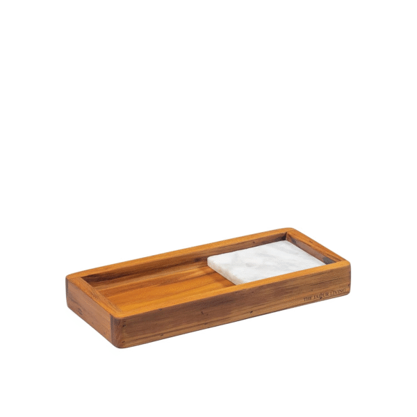 Teak Wood and Marble Stone Inlay Serving Tray | Elegant, Versatile Rectangular Tray for Home and Office Use | Brown, Easy to Clean