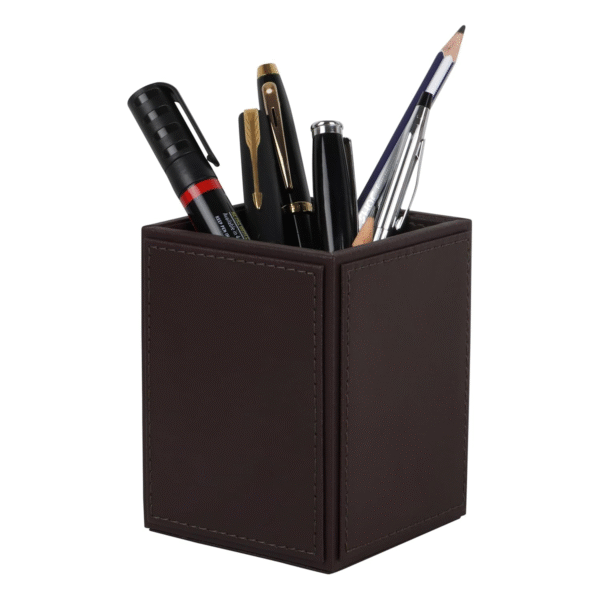 Premium Vegan Leather Pen Holder for Desk & Study Table Accessory | Marker/Pencil Stand for Student | Stationery Organizer for Office Table & Home | 6mm Thickness with MDF Core |Brown