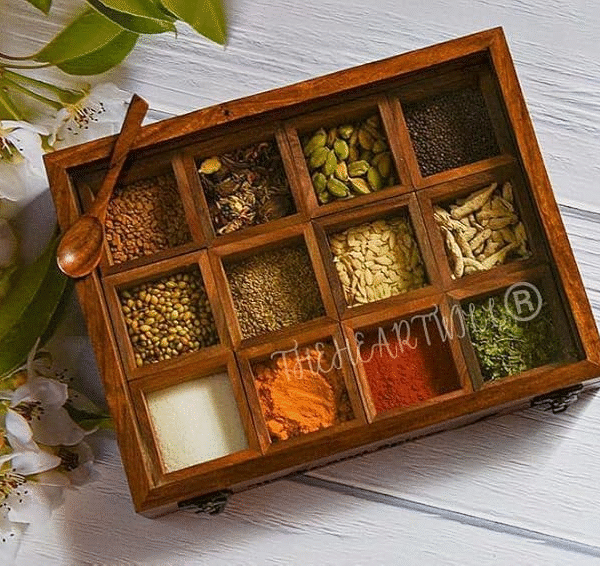 THEHEARTWILL® Premium Wooden Spice Box Set for Kitchen – Sheesham Wood Spice Rack with 2 Spoons, 12 Removable Containers, Elegant Masala Box, Versatile Spice Holders, Masala Dabba.