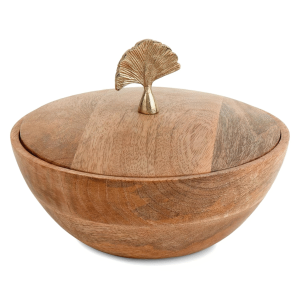 Wooden Storage Bowl with Beautiful Metal Leaf Lid - Mango Wood Jewellery Earrings Trinkets Watches Keys Organiser - Perfect Size for Console Organizer for Table & Kitchen