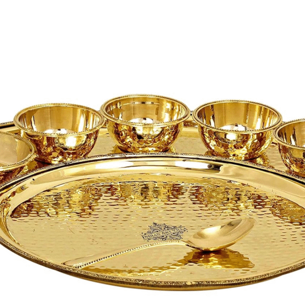 Indian Art Villa Pure Brass 8 Pieces Maharaja Dinner Set/Thali Set of 1 Big Plate, 1 Glass, 1 Spoon, 1 Small Plate & 4 BowlsColor- Gold, Dinnerware, Tableware Or Crockery