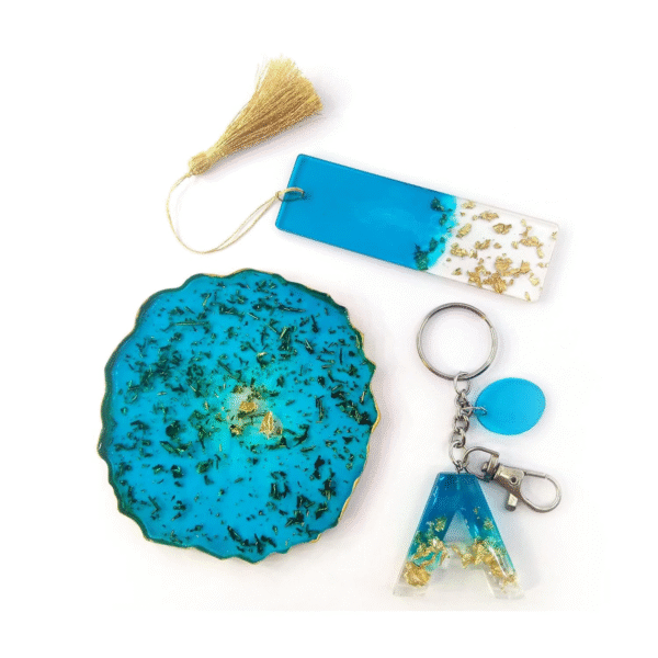 Handmade Combo Set of Tea-Coaster, Bookmark & Keychain Inspired by Resin Art, Gift for Him or Her (Combo W/A (Blue))