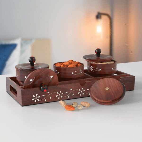 Dry Fruit Wood Container with Lid & Serving Tray,Wooden Serving Tray with Wood Jars for Serving Sweets, Cookies Other Snacks (3 Jars, White Hand work,) (SHEESHAM)