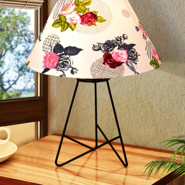 Retro Matt Black Down to The Wire Metal Table Lamp with Fabric Shade, Bedside Lamp Gift Housewarming Home Living Room, Shade (Rose)
