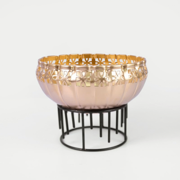 R Ayurveda Copper Elegant Decorative Bowl with Floral Cutwork and Metal Stand – Golden Finish Centerpiece Bowl for Home Décor, Potpourri, Dry Fruits, or Tealight Candle Holder