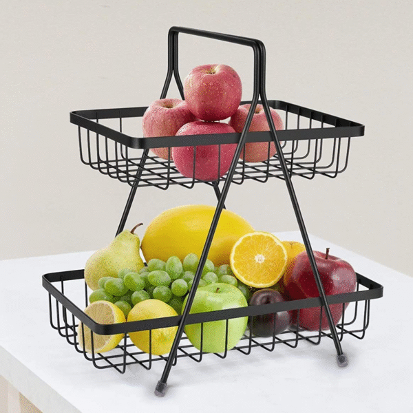 Plantex High Grade Steel 2-Tier Fruit & Vegetable Basket, Countertop Tiered Shelf for Dining Table/Kitchen (Black)