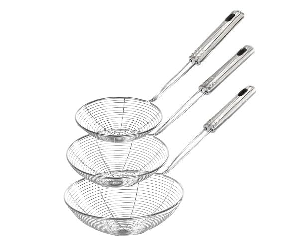 Stainless Steel Deep Fry Skimmer Ladle 14cm,16cm,18cm | Oil Strainer Spoon with Long Handle | Kitchen Utensil for Frying Puri, Pakora, Snacks | Heavy-Duty Wire Mesh Skimmer (14cm,16cm,18cm)