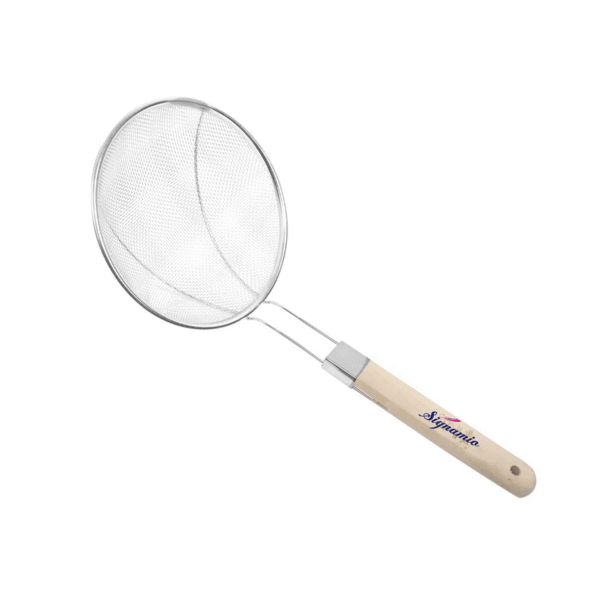 Signamio Diameter 16 cm Stainless Steel Deep Fry Net Spoon Oil Strainer for Kitchen - Frying Spoon for Puri & Poori Strainer Kitchen Utensil for Frying, Cooking & Straining Tool Wood Handle